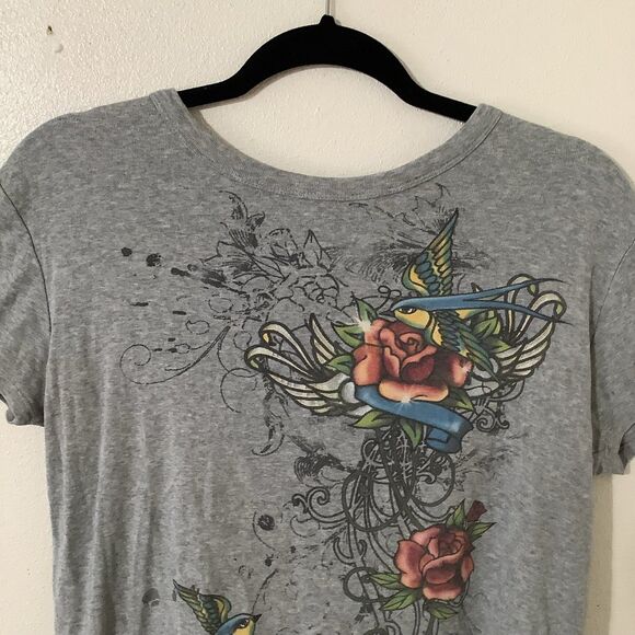 Y2K Emo Scene Grunge Grey Tattoo Rose Print Graphic T Shirt XL 100% Cotton - Picture 2 of 7